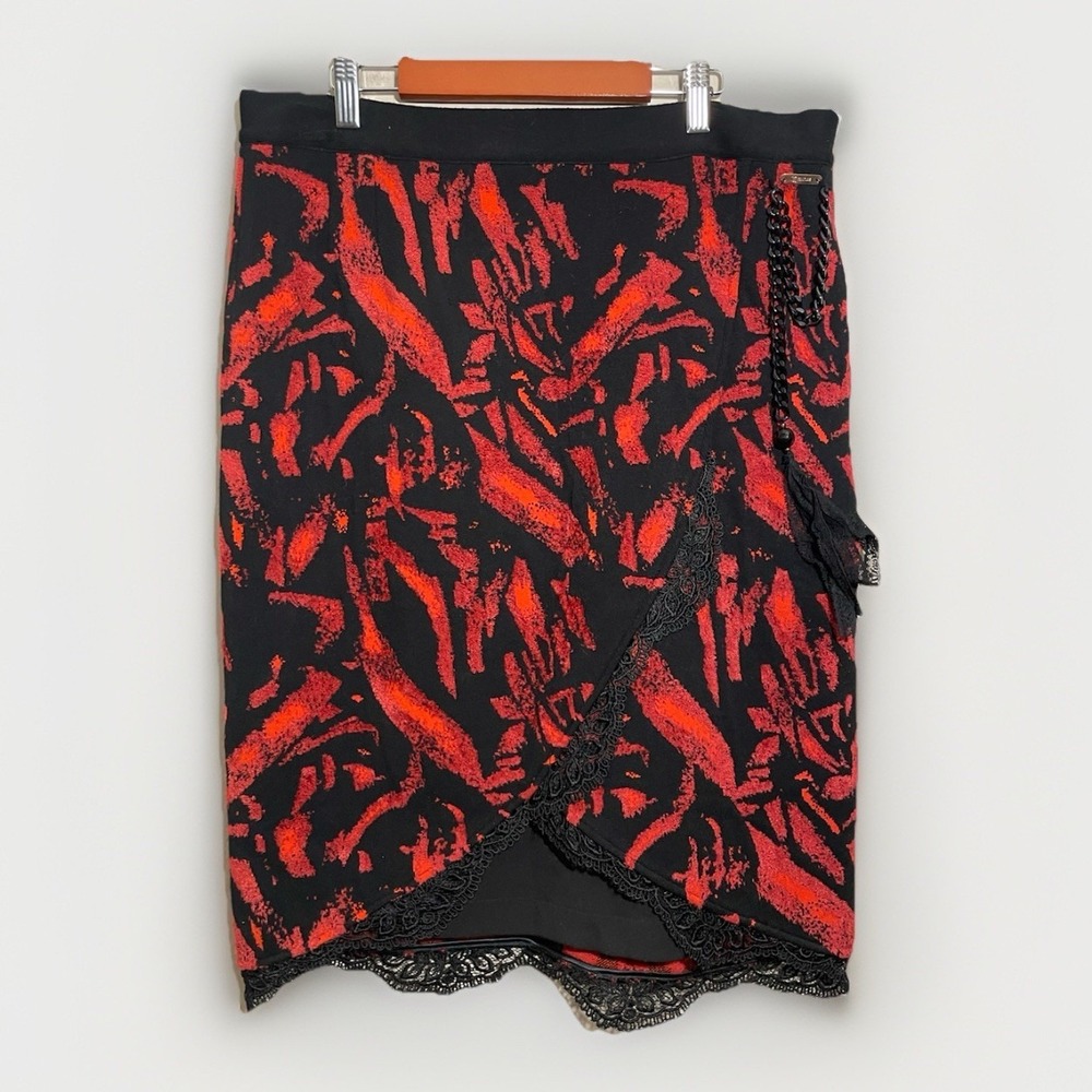 Tricot Chic Knit Skirt Front‎ Tulip Slit Lace Metal Chain US Sz 12 VTG Red Black